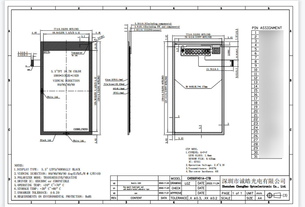 Полный сенсорный экран 31pin 1080*1920 HD 5.5inch IPS TFT LCD емкостный