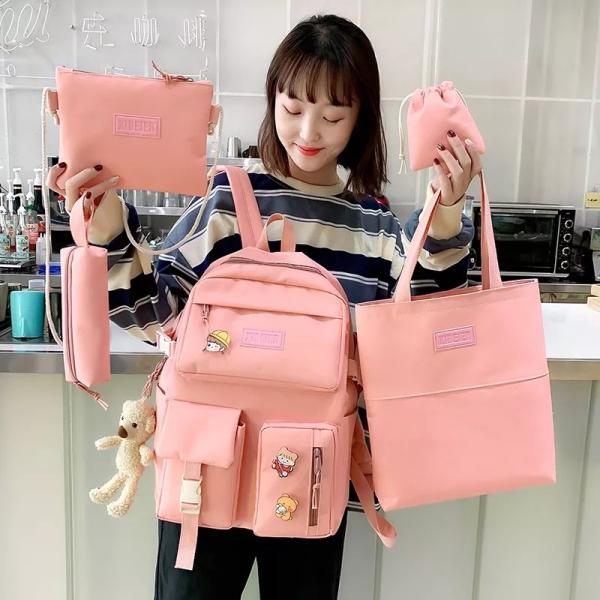 Girls School Bag Set Canvas 5 Piece Backpack Set Sling  Pencil Bag ODM