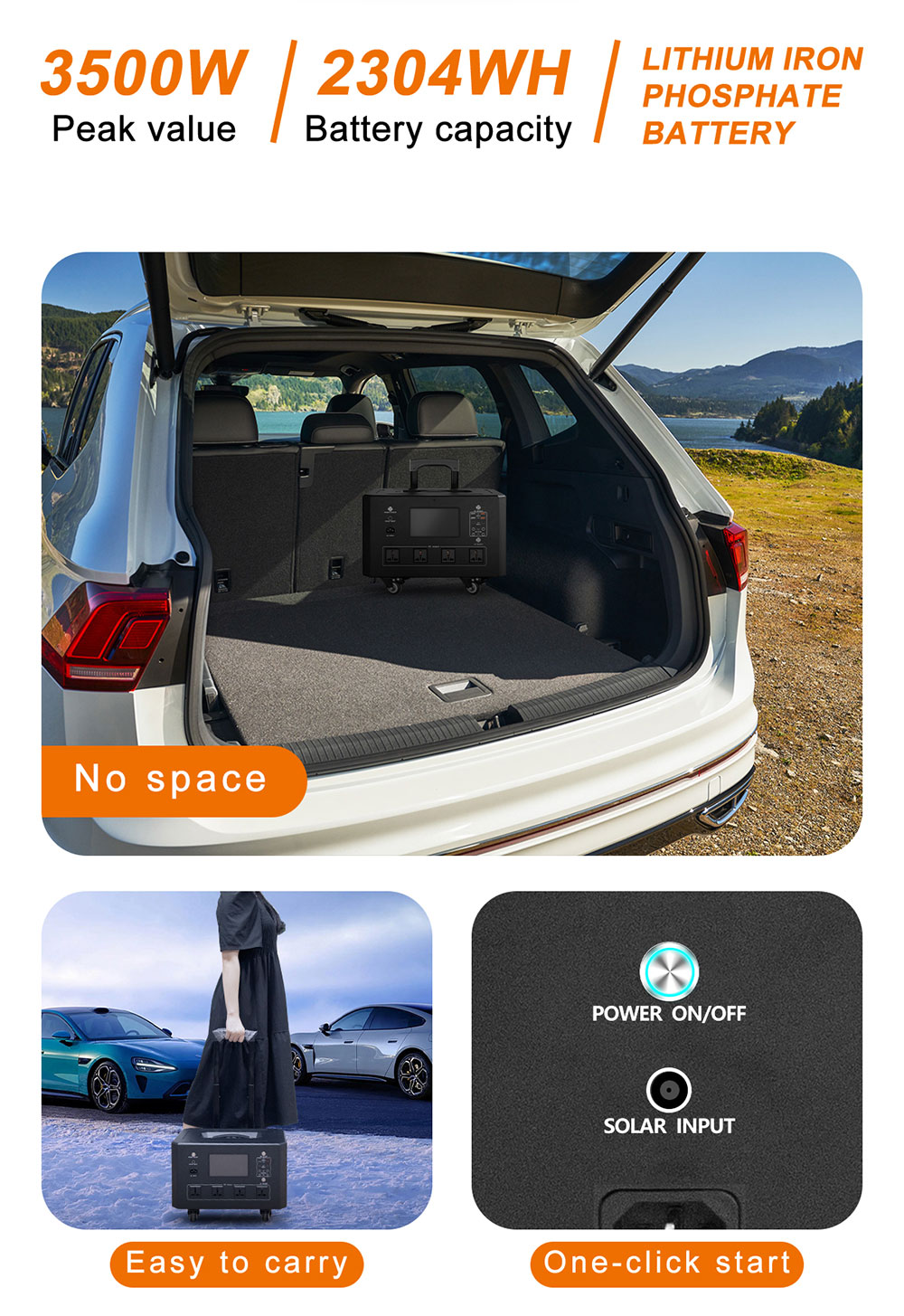 Portable EV Charger with 3500W Total Output 220V Charging and 2500X Cycle Life Emergency Battery Jump Starter Power Bank
