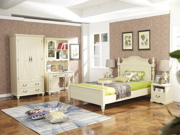 Rubber Wood made Kids/Children/Single white bedroom 1.2/1.4M small bed Space saving furniture with Study table/bookcase