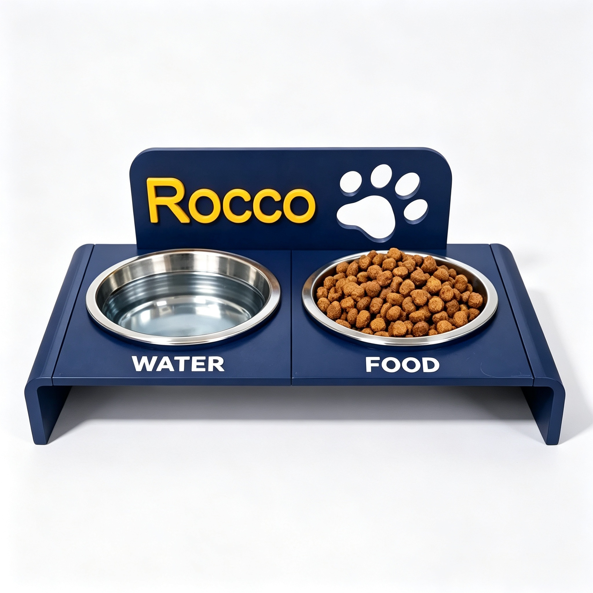 Navy Customized Name Dog Dining Station, 3D printed Pet Accessories Raised Feeding Stand Marked FOOD & WATER