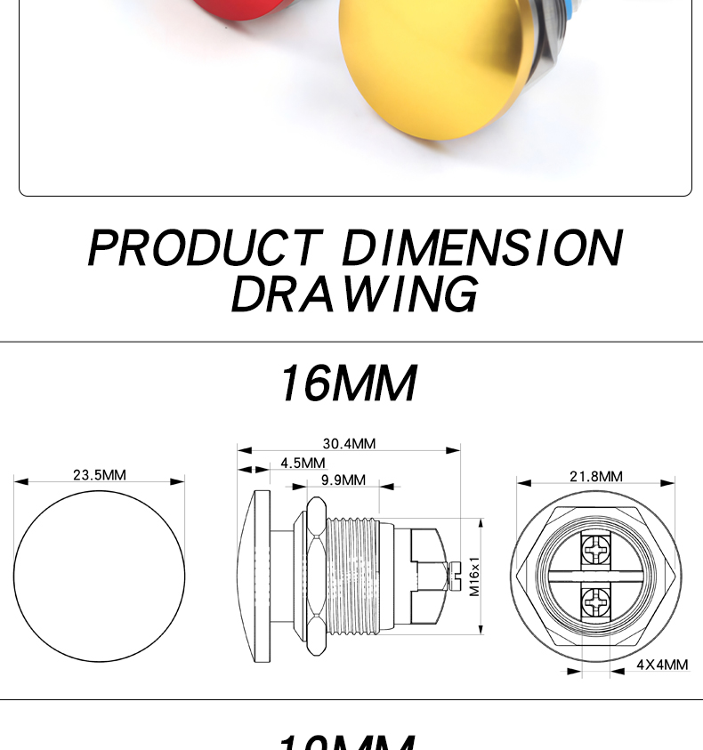 16/19/22mm Stainless Steel Self-Resetting Push Button Switch IP65 Level 220V Max Voltage Mushroom Head Screw Foot 1NO Switch