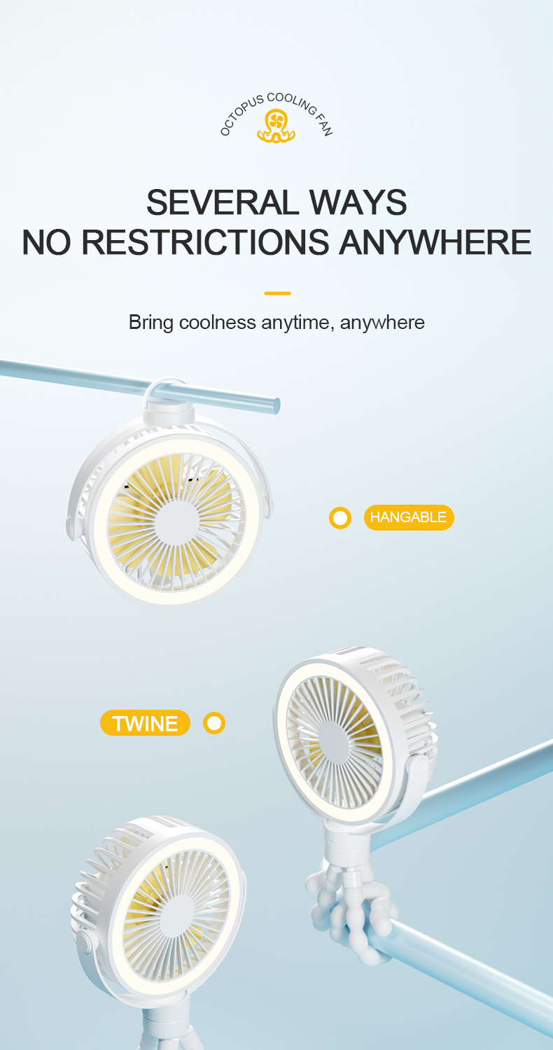 Wholesale Tailor Battery Capacity Flexible Arms Stand Rechargeable USB Portable Octopus Cooling Fan with LED Light