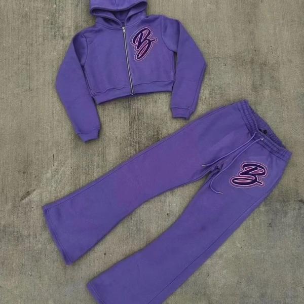 Fabricant personnalisé Jogger 100% coton 3D brodée Strass Fermeture à glissière jusqu'à coupé Hoodie Jogging Sweatsuits femmes automne ensemble