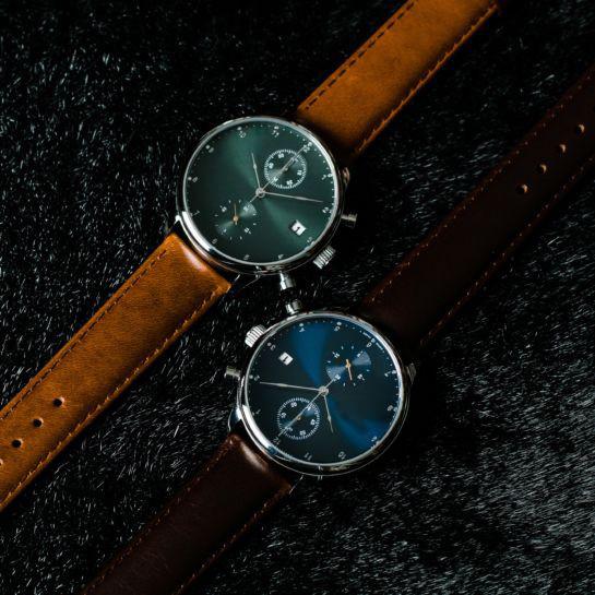 High End Mens Watches Brown Leather Strap With Green Sunray Grain Dial