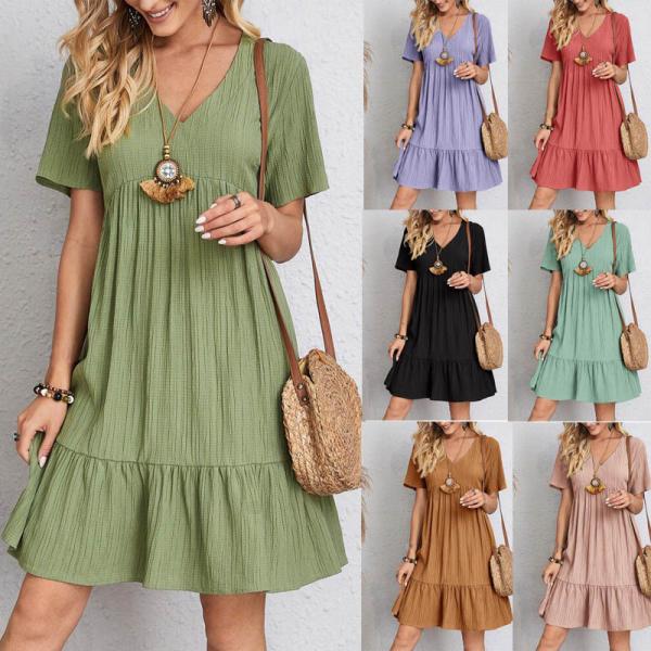                  2023 Summer European and American Female Skirt Loose Casual Short Sleeve Waist Casual Dress             