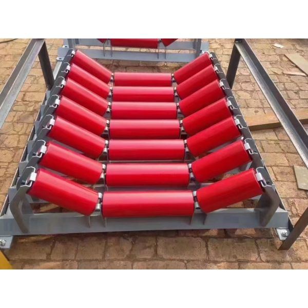 Galvanized Steel Frame Red Conveyor Idler Roller Roller Suitable For Mining Material Handling