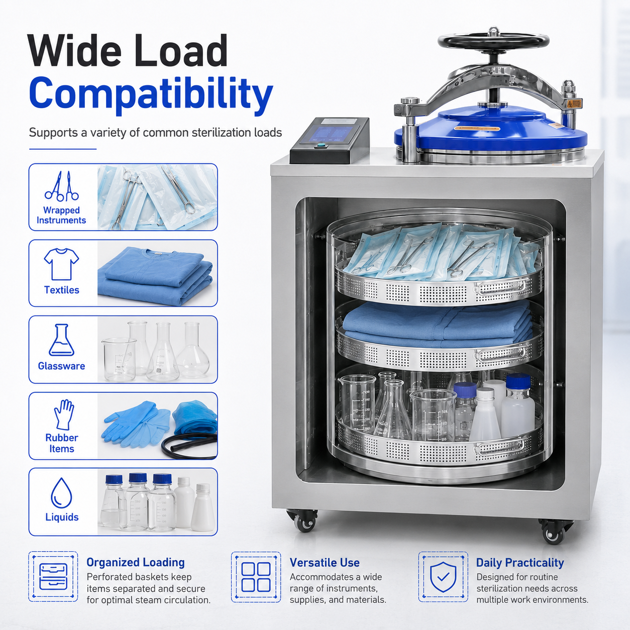 Cenlee Quality Control Lab Use 35/50/75/100L Stainless Steel High Temperature Triple-pulse Vacuum Vertical Steam Sterilizer