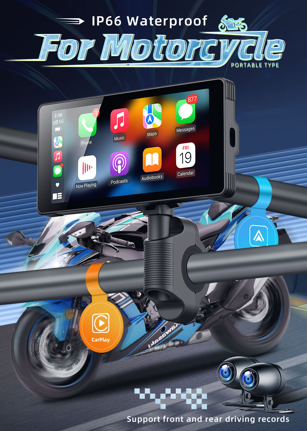 GRANDnavi 5.5 дюймовый портативный монитор CarPlay Мотоциклет навигационное устройство мультимедиа водонепроницаемый уровень IP66