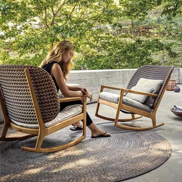 Contemporary PE Rattan Chairs Teak Wood Rocking Chair Set Outdoor Customized Furniture