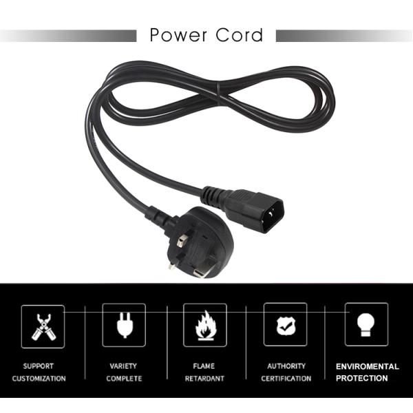 UK 3 Pin Plug to IEC C14 Power Cord 1M Black PVC Copper Cable