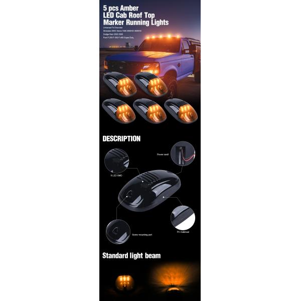 Янтарный светодиодный крышный маркер 5Pcs Дымные линзы Ford 1999-2016 F150 F250