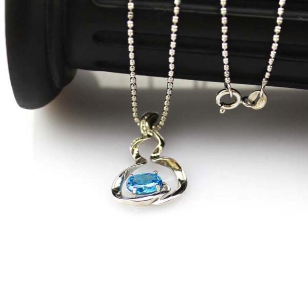 925 Silver Bead Chain  Oval 6x8mm Blue Cubic Zircon Pendant Necklace(P34)