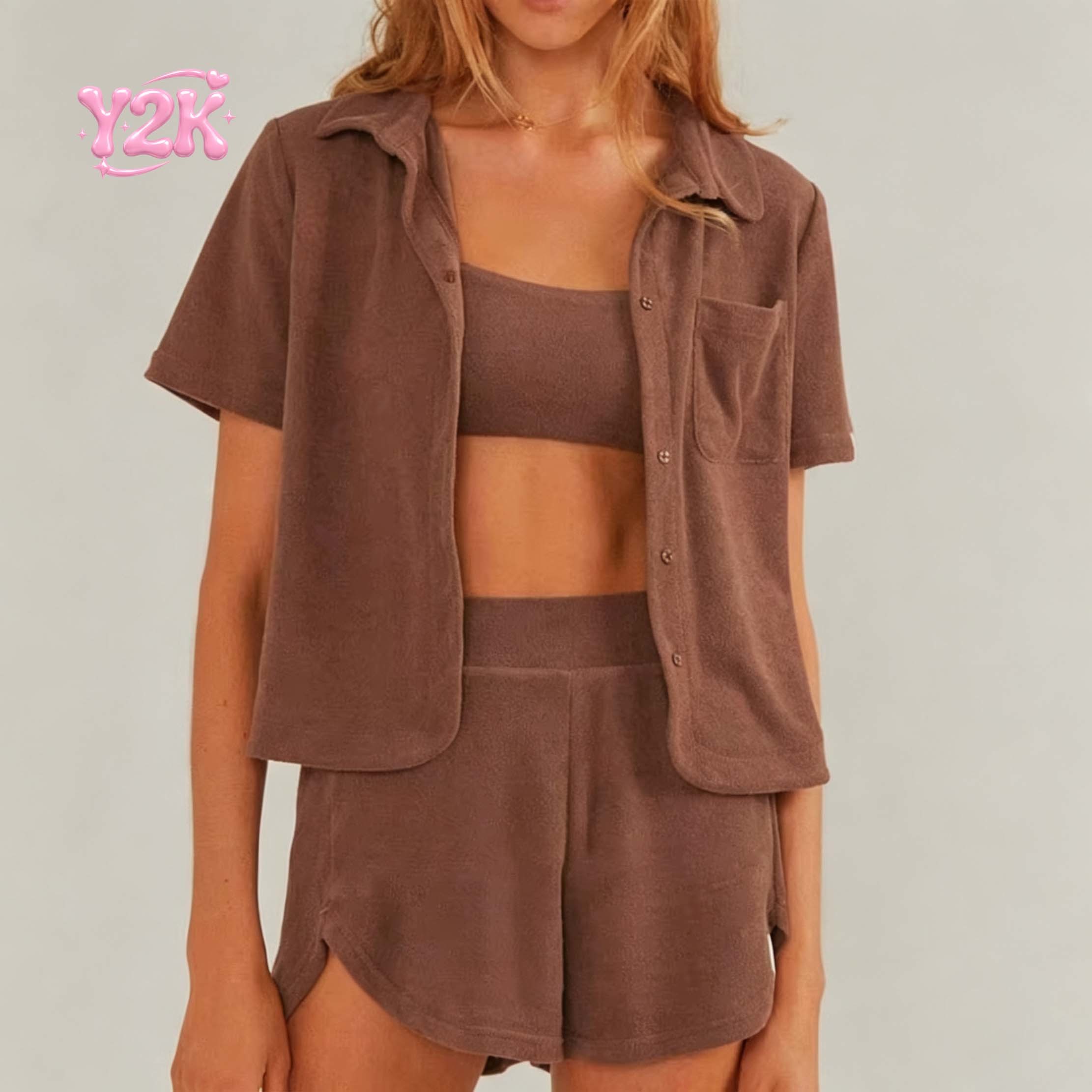 Custom Women's Terry Cloth Shirt & Tank & Shorts 3pc Lounge Set