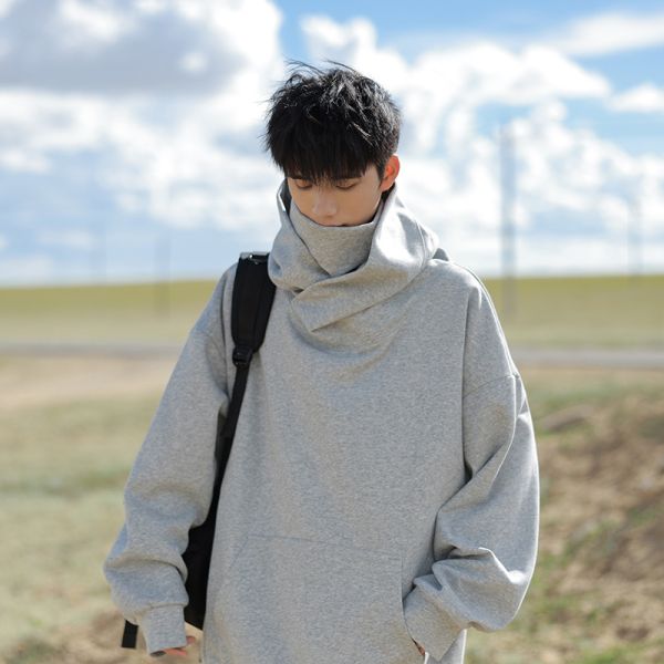 Vintage Turtleneck Windproof Face Cover Hoodie, Unique Introvert Street Casual Sweatshirt
