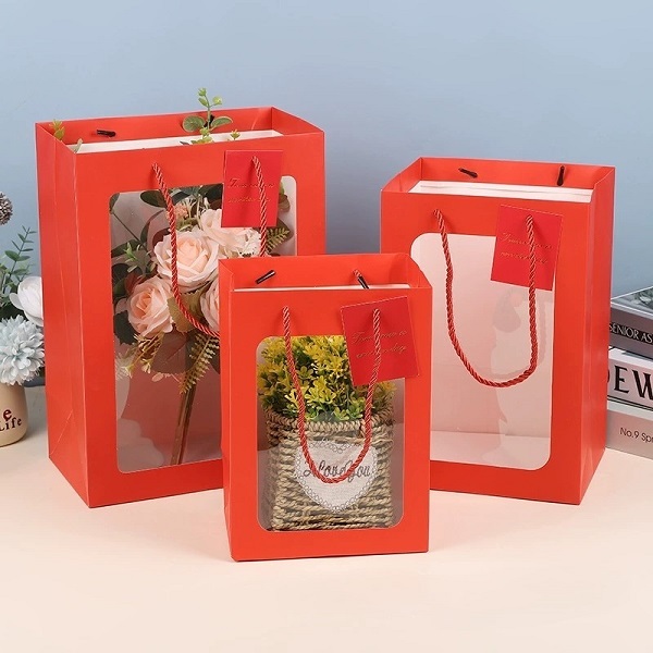 Clear Window Paper Gift Bags with Handles for Flower Packaging