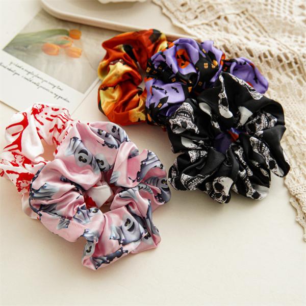 Halloween festival satin printed scrunchies headdress women's headstring elastic band hair accessories OEM logo