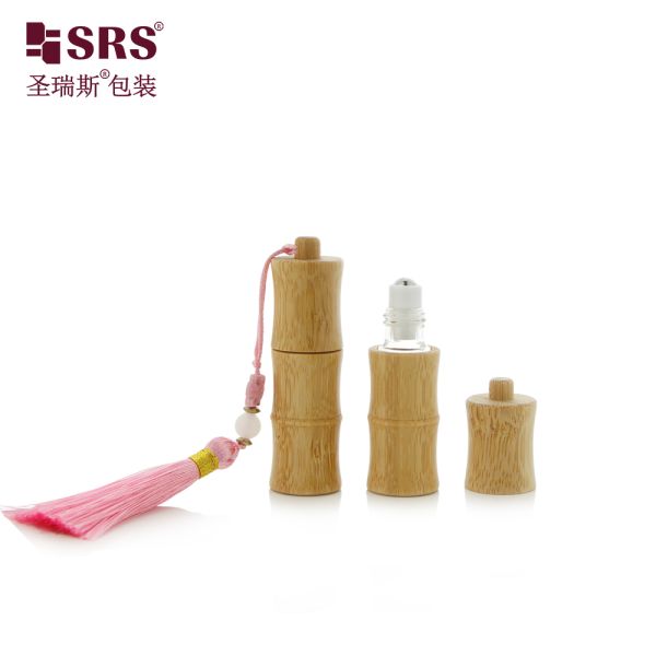 BG-5ML 10ML Unique Design Bamboo Glass Perfume Roll On Bottle With Hook Key Chain