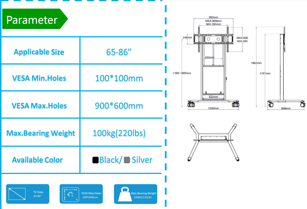Electronic Power Movable Cart for 65-86 Inch Smart TVs with Adjustable Height and 100kgs Max Bearing Weight
