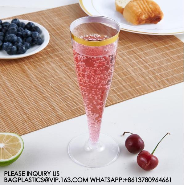 Plastic Champagne Flutes, 4.5 Oz Gold Rim Glasses, Disposable Clear Toasting Glasses Recyclable Cups For Wedding Party