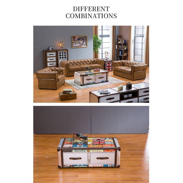 Nidea #8657 Industrial Style Aluminum License Plate Vintage Handmade Durable Coffee Table Cabinet 2 Drawers for Whisky 