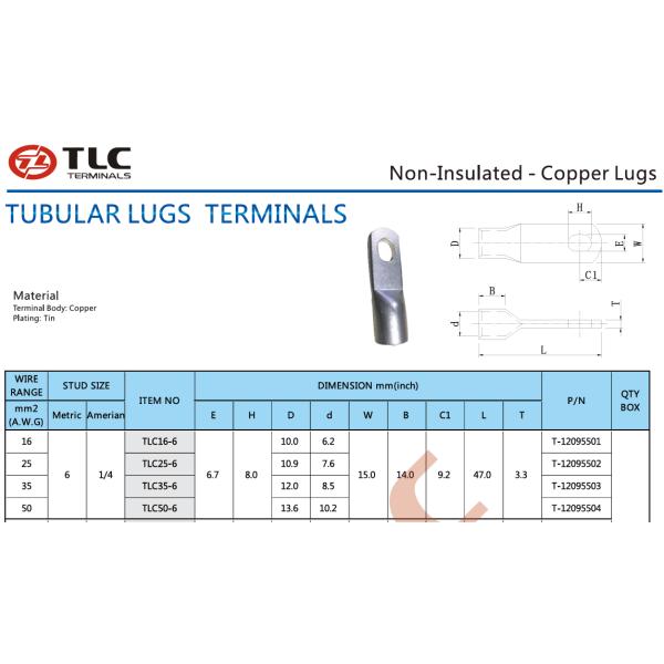 No Inspection Hole Tubular Lugs Terminals for Customized Copper Cables TLC Series