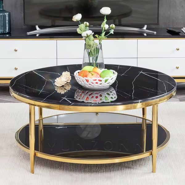 Modern Luxury Round Coffee Table With Double Tempered Glass Metal Center Table for Home Hotel Villa Dining Living Room Use