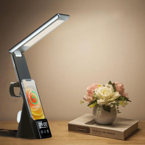 Office Household Wireless Charging Table Lamp with 15W Output Power and Digital Display Alarm Clock Multifunctional
