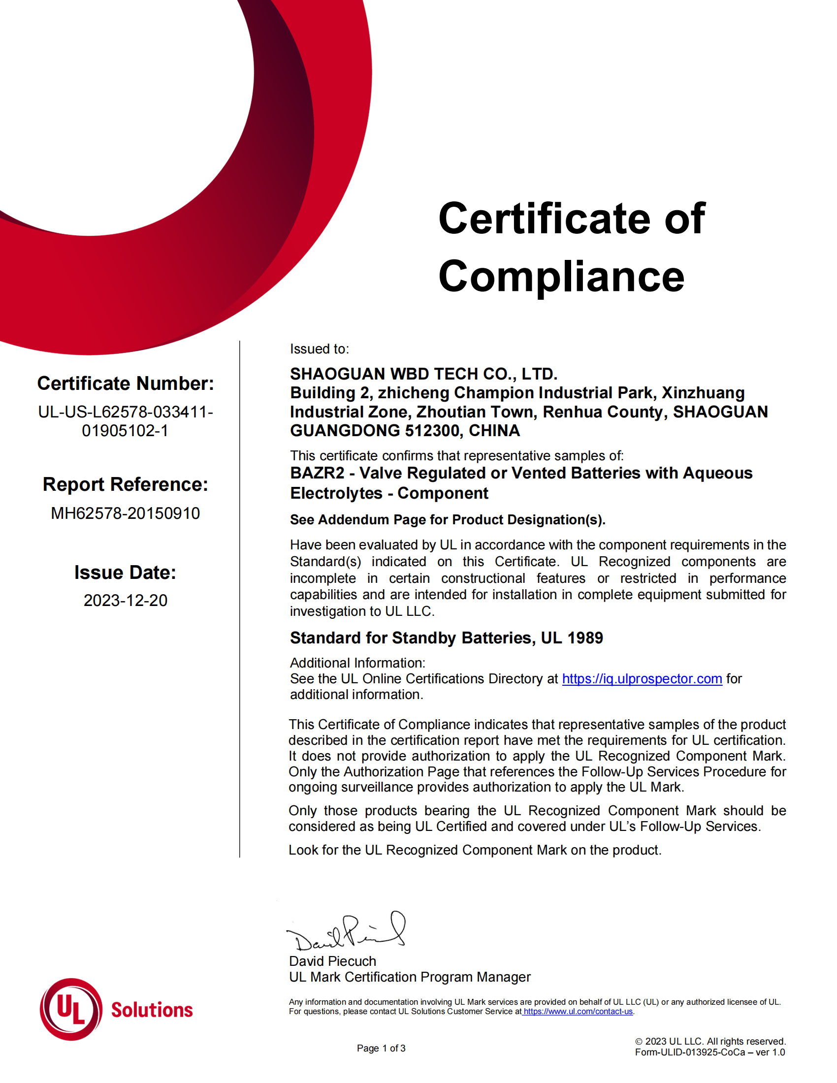 SHAOGUAN WBD TECH CO., LTD Certifications