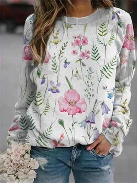 Women'S Floral Sublimation Print Sweater Loose Vintage FLower Graphic Pullover Tops