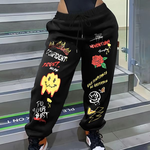 Cotton Women Pants Graffiti Street Style Wide Leg Sweatpants