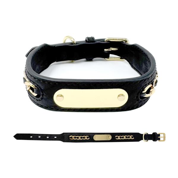 Genuine Leather Dog Collars With Metal Braided Design Engraved Nameplate