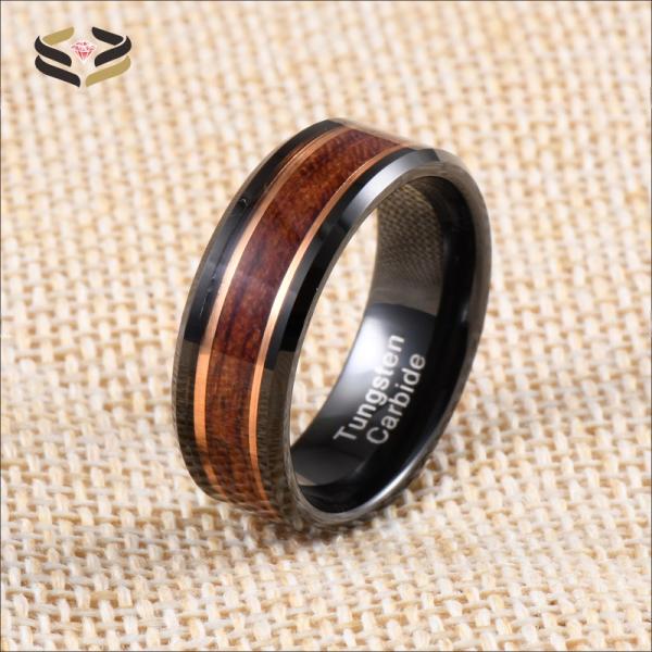 8mm Rose Gold Line and Rosewood Inlay Black Tungsten Carbide Men's Wedding Ring with Third Party Appraisal Certificate