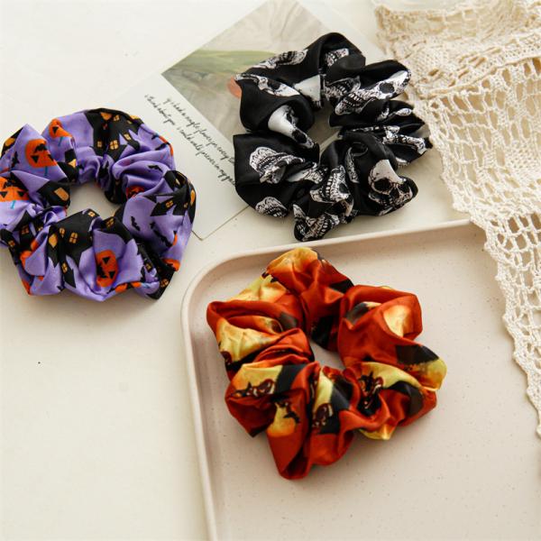 Halloween festival satin printed scrunchies headdress women's headstring elastic band hair accessories OEM logo