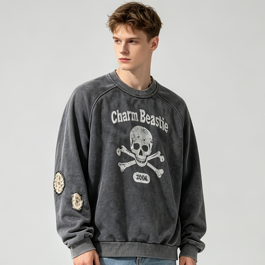 Skull Graphic Men's Heavyweight Hoodie Vintage Acid Wash Cropped Crewneck Sweatshirt