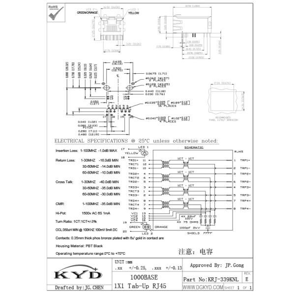 33mm Length Tab Up 12 Pins 1000 BASE RJ45 Modular Jacks With Gigabit Transformer