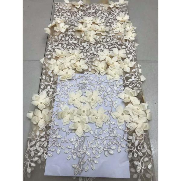 Polyester 3D Flower Cording Embroidered Lace Beaded Mesh Fabric For Textile