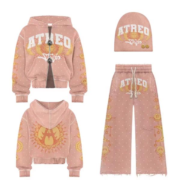 Custom Acid Washed Vintage Hoodie Sweatpants 2 Piece Set Streetwear Rhinestone Hoodie Joggers Set Sweat Pant Tracksuits Men