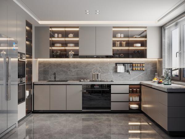 Armoires de cuisine à panneaux décoratifs avec grain de bois pour les hôtels