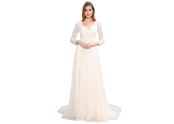 White Lace Beaded Long Sleeve Evening Gowns Maxi For Wedding Prom