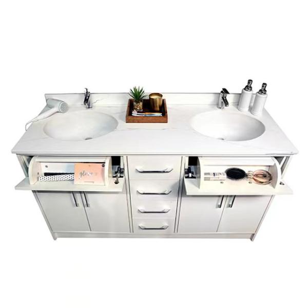 White 60 Inch Hotel Room Cabinets Double Sink Floor Mounted Cabinets Custom