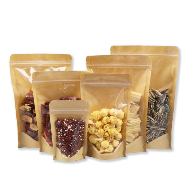 Customizable Stand up Pouch With Window  Kraft Paper Food Packaging Bag Ziplock Bag