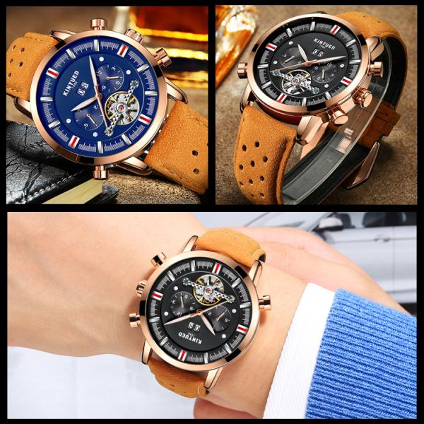 KINYUED J019-6 Tourbillon automatic mechanical  genuine leather business waterproof men watches