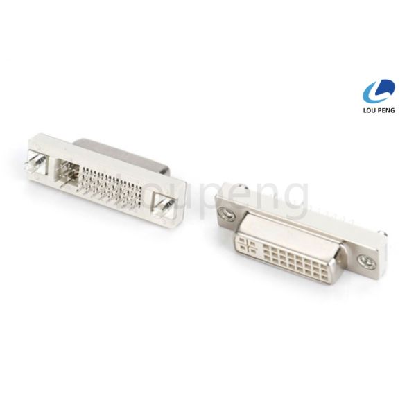DVI 24+5pin female connector, 180 degree, solderable PCB board, semi-gold white, riveted with 8.25mm rivets, 3.1mm tail end.