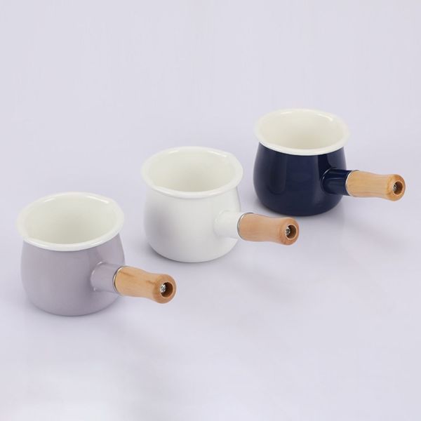 Customized Logo Small Enamel Saucepan 550ml Warmer Pot With Wooden Handle