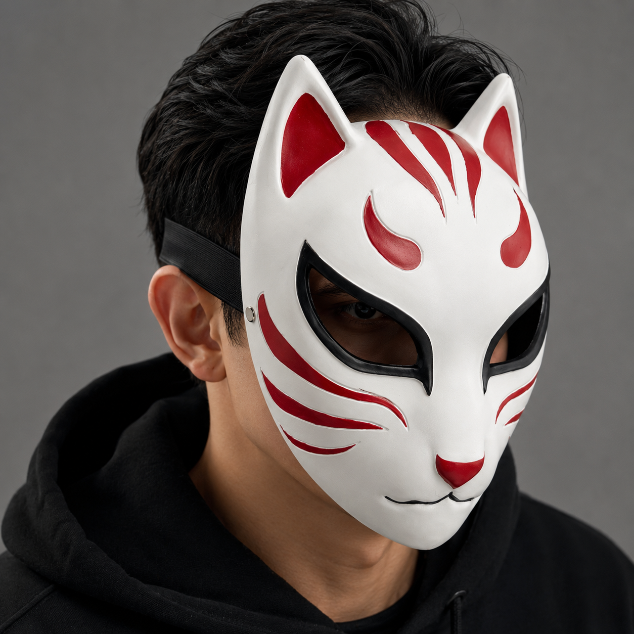 Premium Resin Kitsune Fox Mask - Authentic Japanese Anime Cosplay Half Face Mask for Men & Women. Traditional Kabuki Costume Accessory with Foam Padding & Adjustable Buckle Strap for Halloween Party