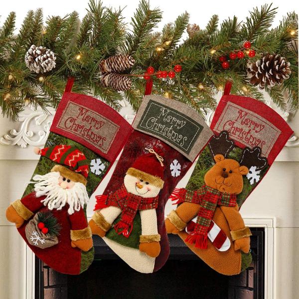 3PCS 18 Christmas Stocking Classic Large Stockings Santa, Snowman, Reindeer Xmas Character for Family Holiday Christmas