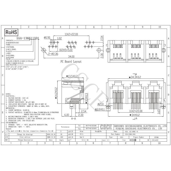 Stacked RJ11 Modular Jack 1 X 3 Port Unshielded Right Angle 90 Degree Black / White Color