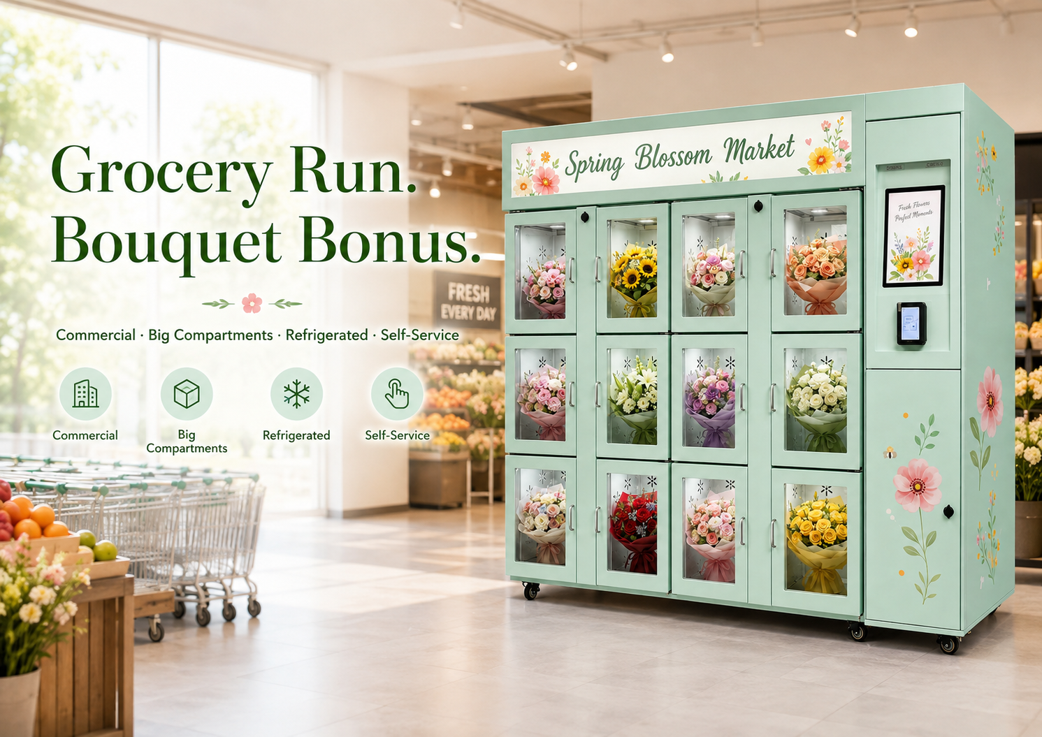 Refrigerated Fresh Flower Vending Machine with 15.6-inch Touchscreen and Remote Monitoring for Supermarkets