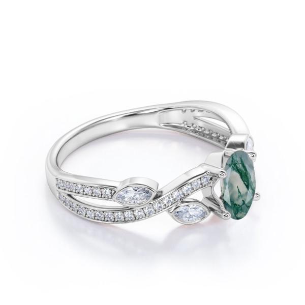 Crossover Over Shaped Opaque Milky Moss Green  Agate Engagement Ring In 18K Filigree Engagement Ring